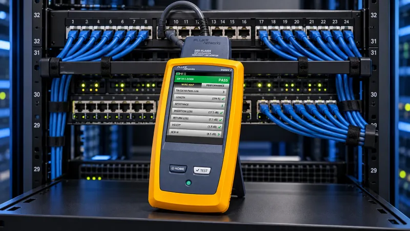 Certificador de cabos de rede amarelo diante de um rack com cabeamento estruturado