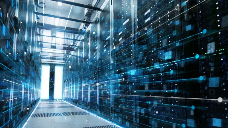 Corredor técnico com camadas digitais de arquitetura de rede